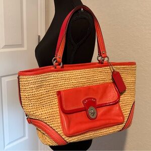 COACH - Coral & Tan Woven Tote Bag